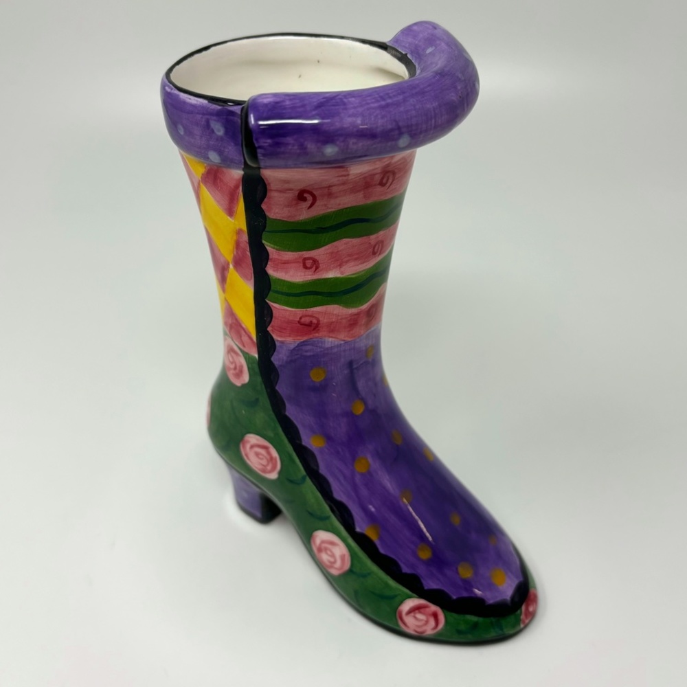 Milson & Louis Hand Painted Boot Shoe Vase Green Purple Pink Floral Geometric